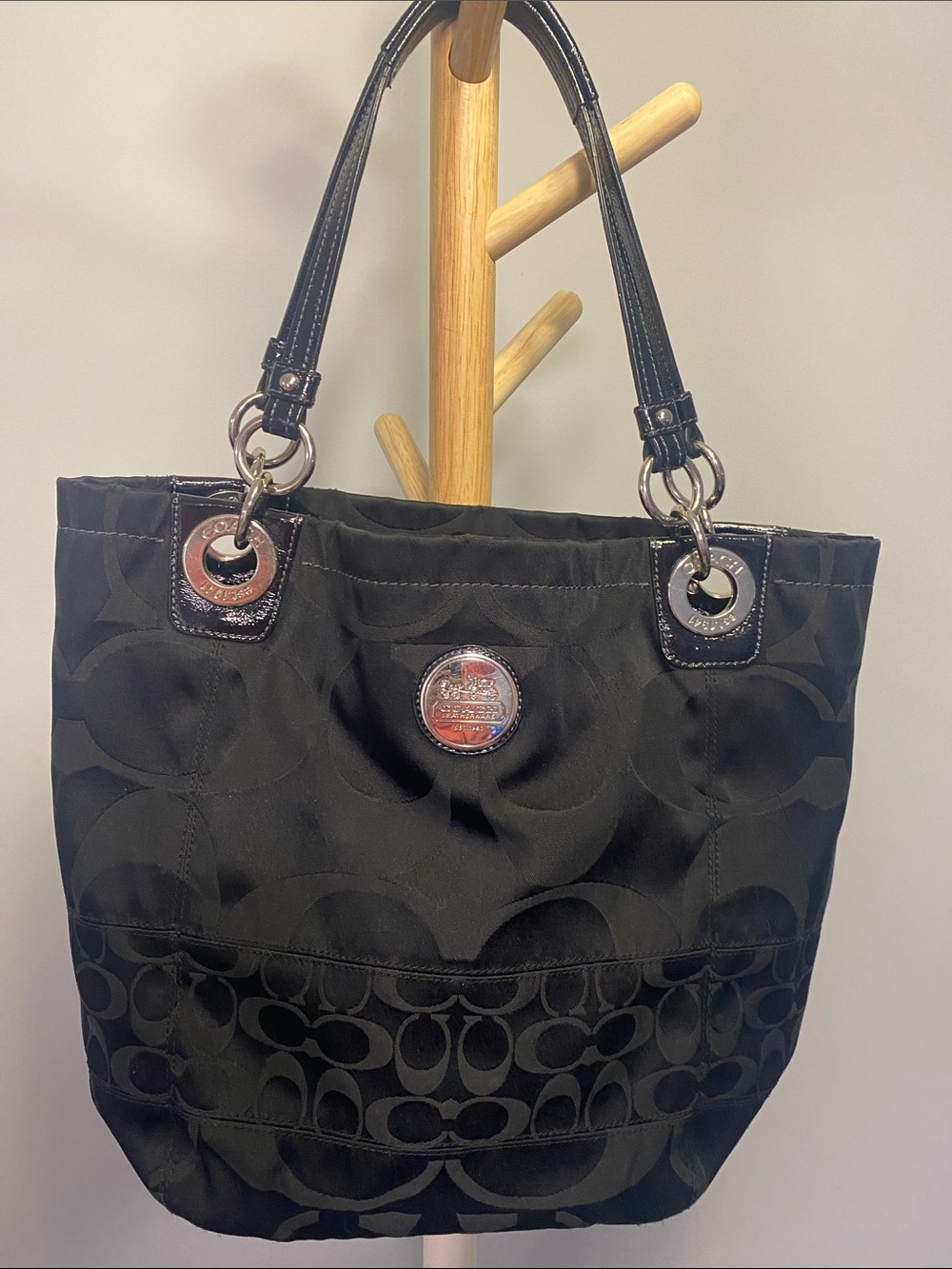Coach Black Signature Jacquard Shoulder Bag with Silver Hardware